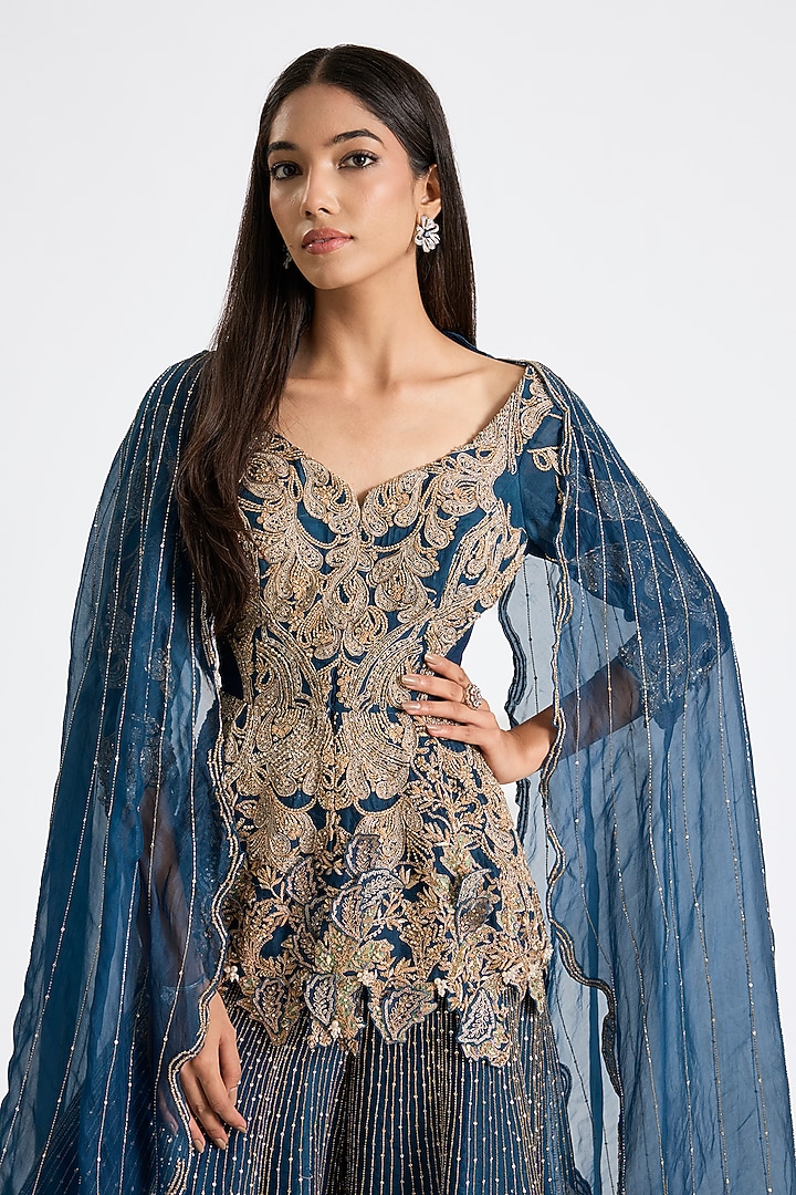 Navy Blue Organza Crystal Embroidered Bridal Sharara Set by Dolly J at Pernia's Pop Up Shop