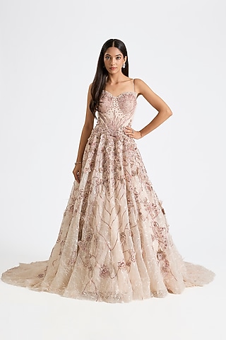 Ivory Jacquard Organza Feather Gown by Dolly J