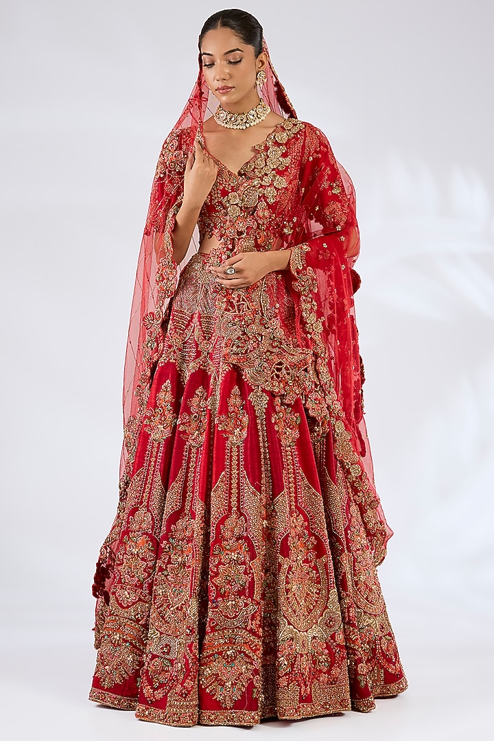 Red Raw Silk Bridal Lehenga Set by Dolly J at Pernia's Pop Up Shop
