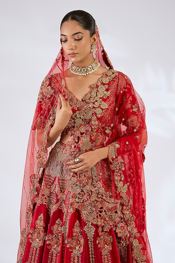 Red Raw Silk Bridal Lehenga Set by Dolly J at Pernia's Pop Up Shop