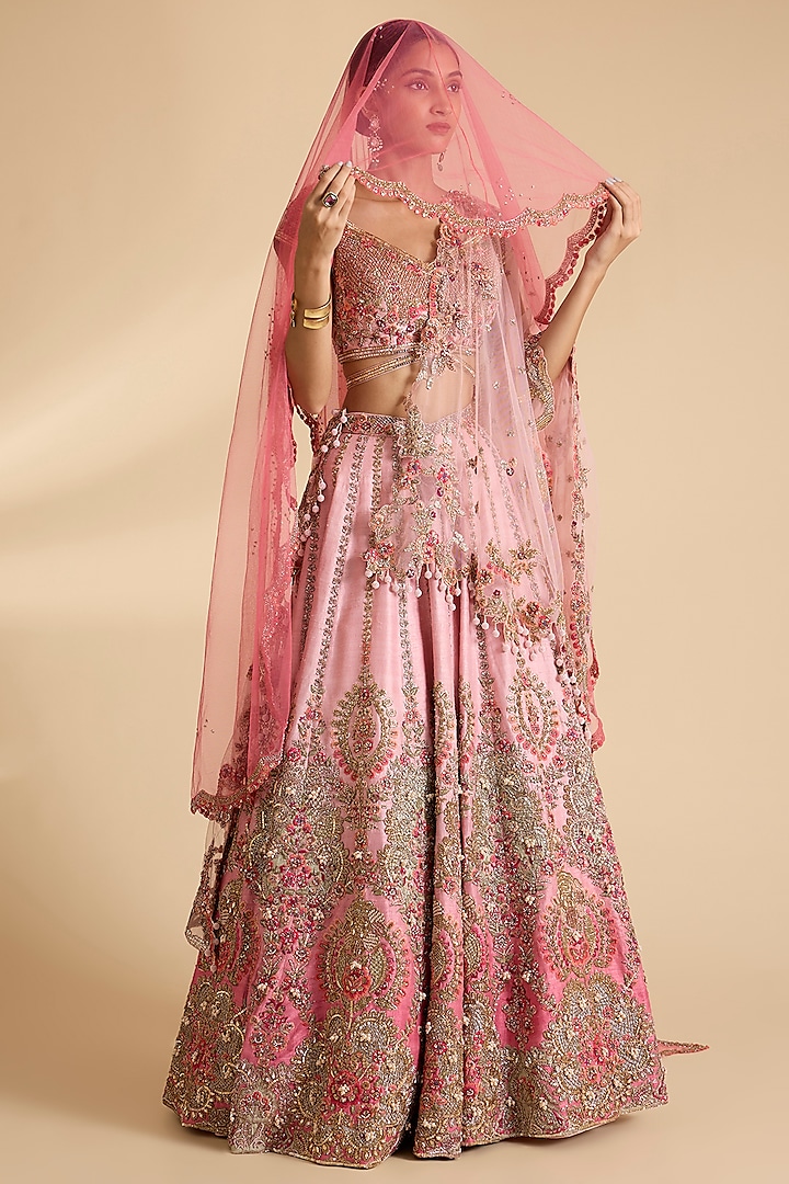 Pink Raw Silk Ombre Bridal Lehenga Set by Dolly J at Pernia's Pop Up Shop
