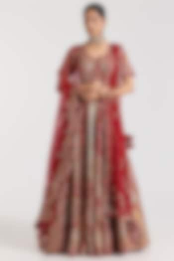 Red Raw Silk Embroidered Bridal Lehenga Set by Dolly J at Pernia's Pop Up Shop