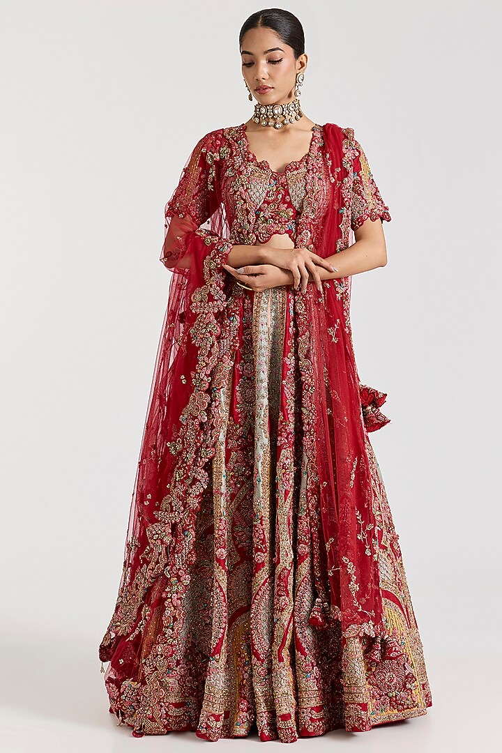 Red Raw Silk Embroidered Bridal Lehenga Set by Dolly J at Pernia's Pop Up Shop