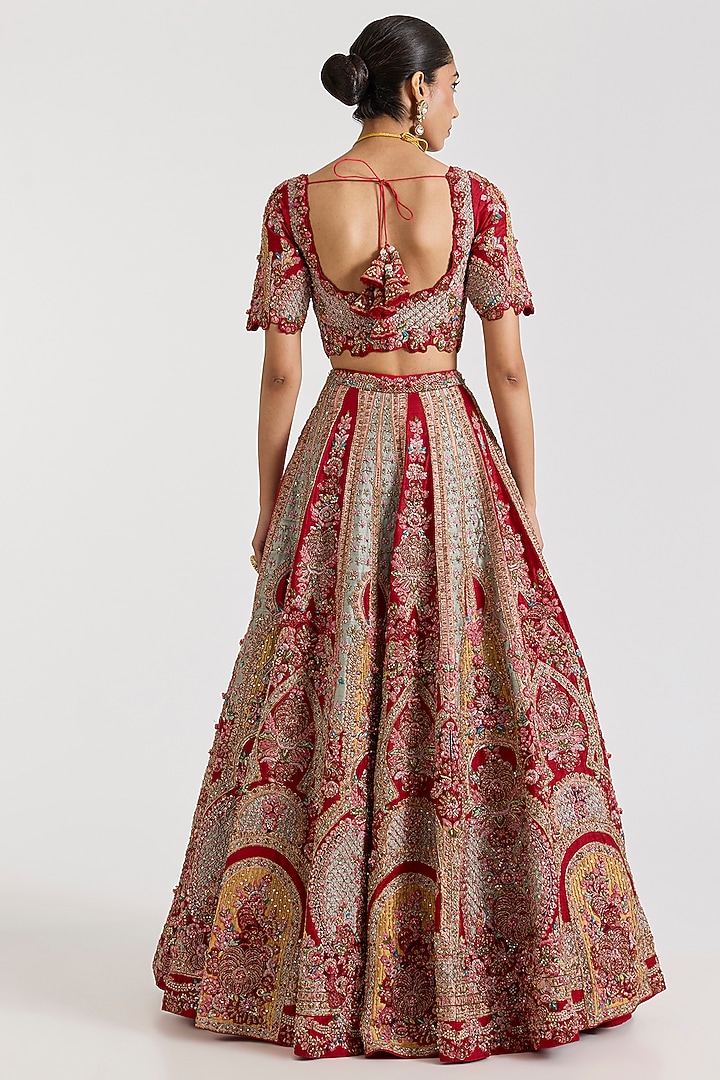 Red Raw Silk Embroidered Bridal Lehenga Set by Dolly J at Pernia's Pop Up Shop