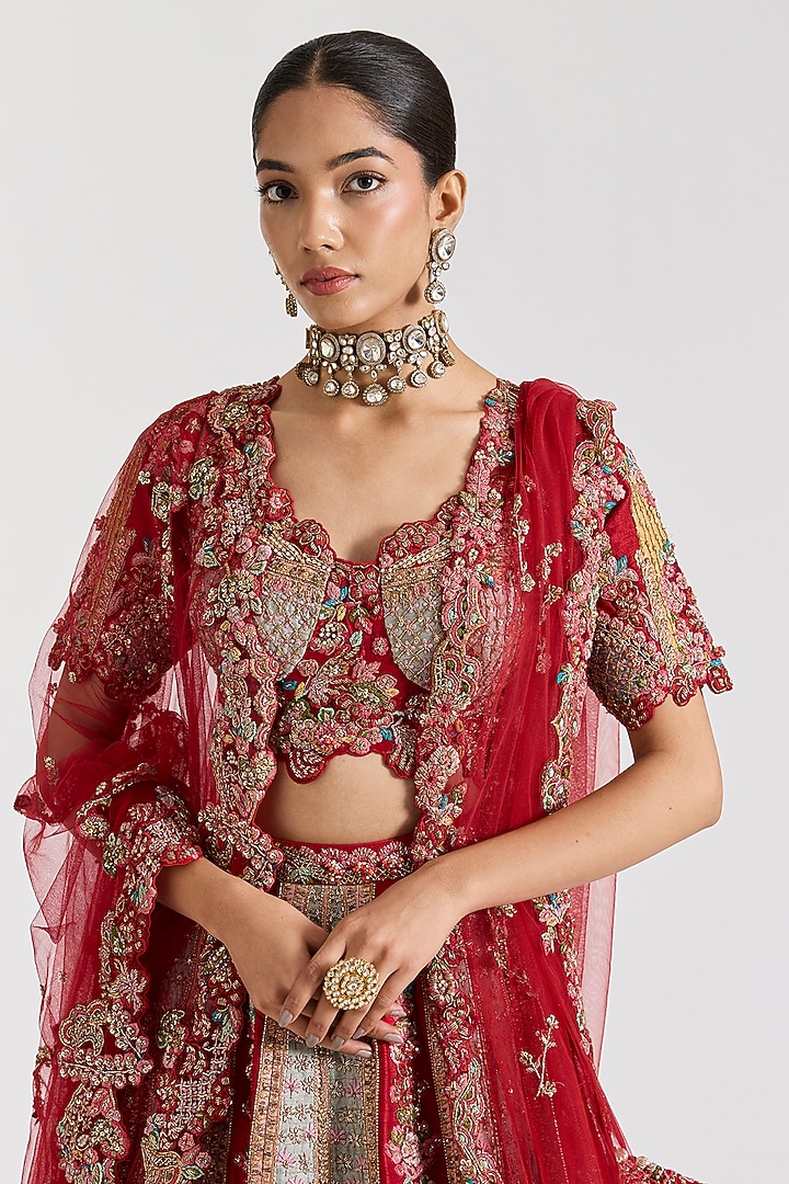 Red Raw Silk Embroidered Bridal Lehenga Set by Dolly J at Pernia's Pop Up Shop