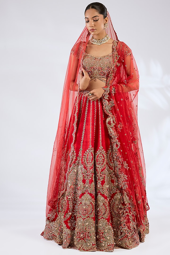 Red Raw Silk Bridal Lehenga Set by Dolly J at Pernia's Pop Up Shop