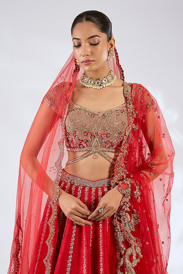 Red Raw Silk Bridal Lehenga Set by Dolly J at Pernia's Pop Up Shop