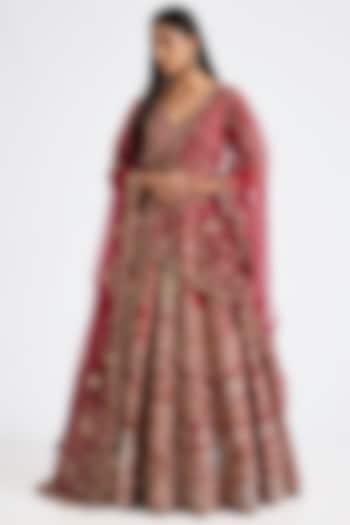 Red Raw Silk Embroidered Bridal Lehenga Set by Dolly J at Pernia's Pop Up Shop