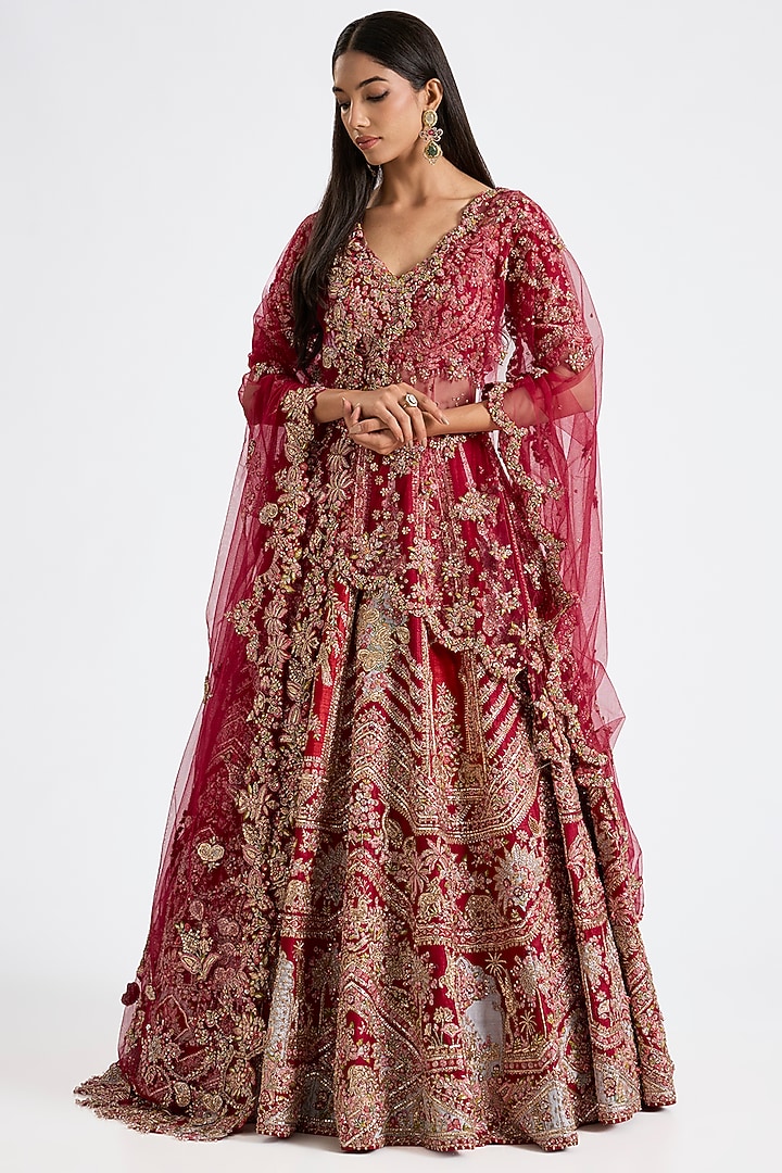 Red Raw Silk Embroidered Bridal Lehenga Set by Dolly J at Pernia's Pop Up Shop