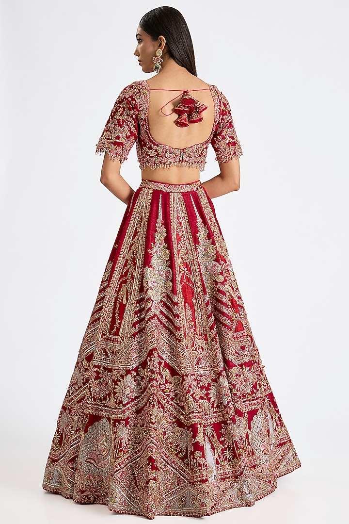 Red Raw Silk Embroidered Bridal Lehenga Set by Dolly J at Pernia's Pop Up Shop