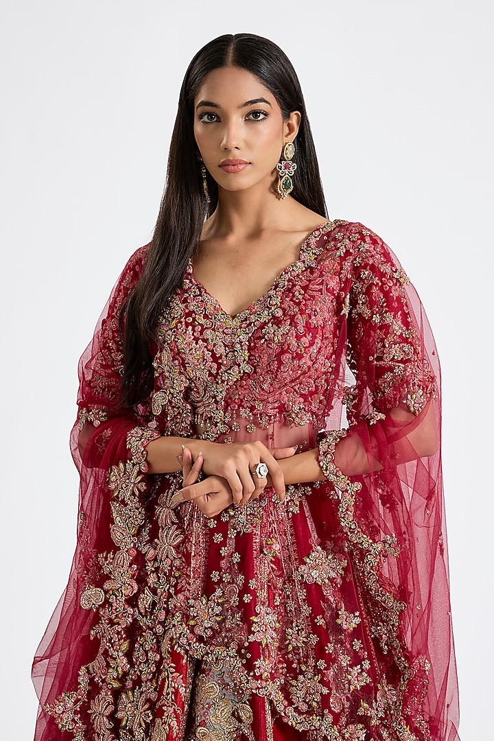 Red Raw Silk Embroidered Bridal Lehenga Set by Dolly J at Pernia's Pop Up Shop