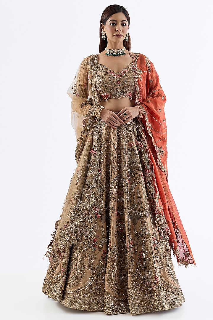 Gold Silk Tissue Bridal Lehenga Set by Dolly J at Pernia's Pop Up Shop
