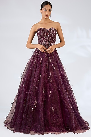 Maroon Organza Gown by Dolly J
