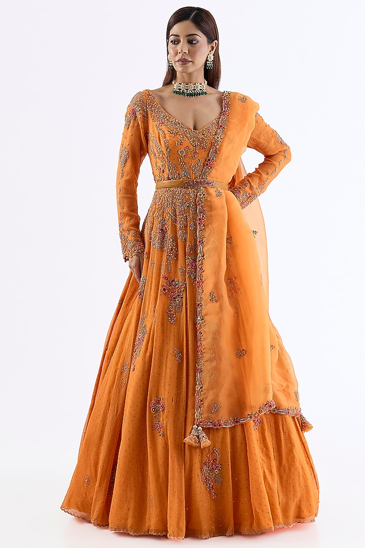 Orange Chiffon Kasab Embroidered Bridal Anarkali Set by Dolly J at Pernia's Pop Up Shop