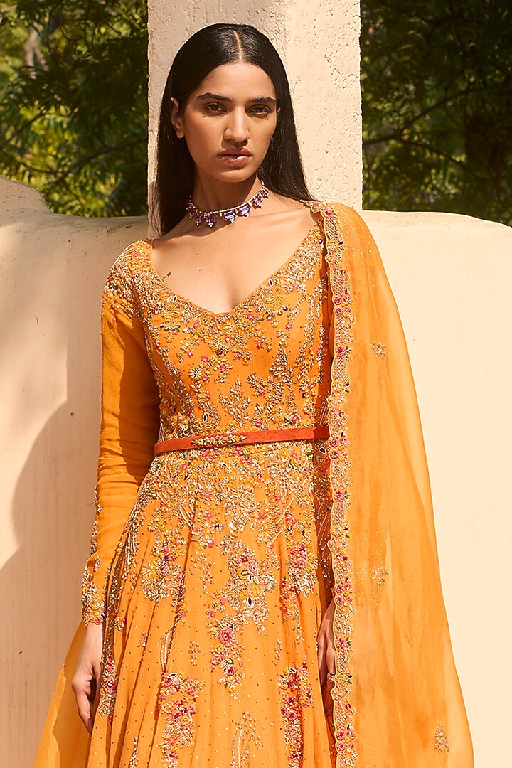 Sunburst Orange Chiffon Embroidered Bridal Anarkali Set by Dolly J at Pernia's Pop Up Shop