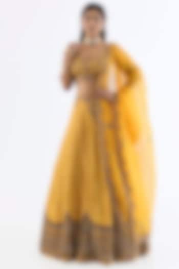 Mustard Chiffon Zardosi Embroidered Chikankari Bridal Lehenga Set by Dolly J at Pernia's Pop Up Shop