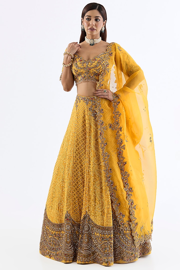 Mustard Chiffon Zardosi Embroidered Chikankari Bridal Lehenga Set by Dolly J at Pernia's Pop Up Shop