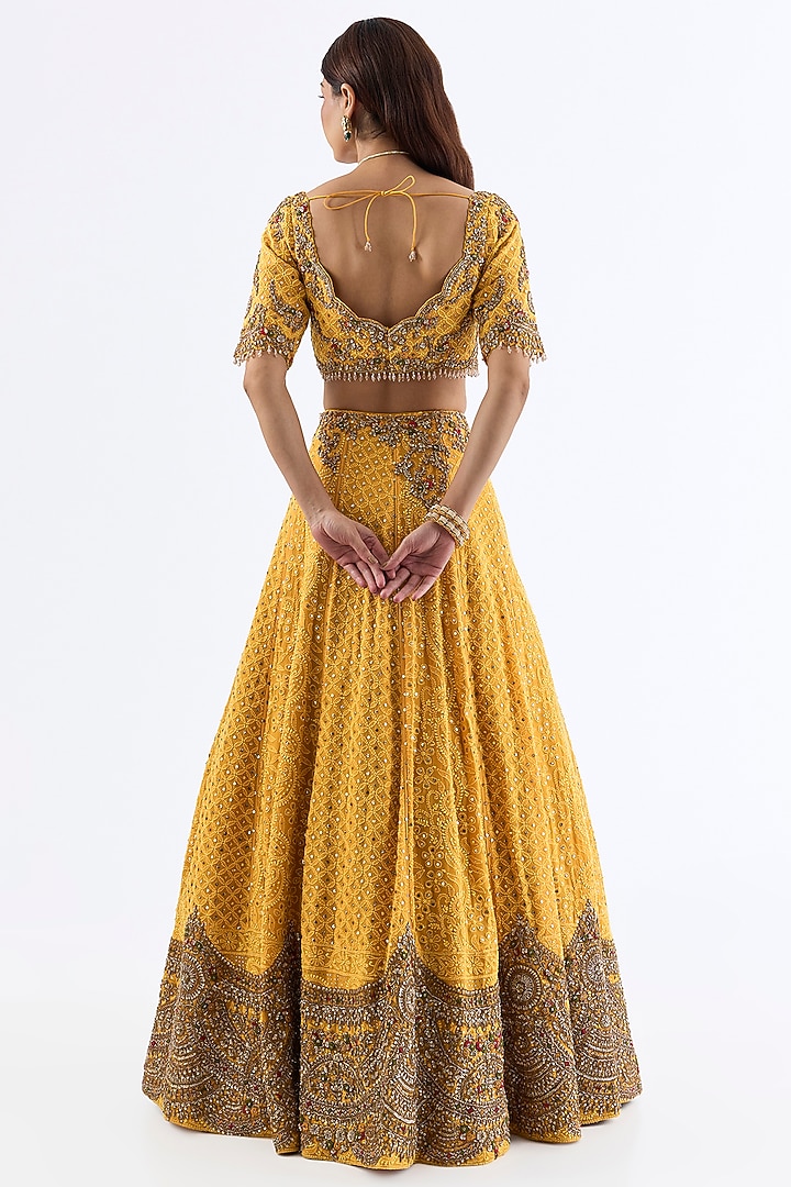 Mustard Chiffon Zardosi Embroidered Chikankari Bridal Lehenga Set by Dolly J at Pernia's Pop Up Shop