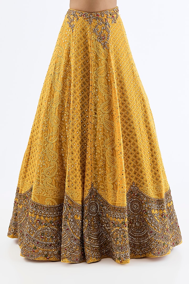 Mustard Chiffon Zardosi Embroidered Chikankari Bridal Lehenga Set by Dolly J at Pernia's Pop Up Shop