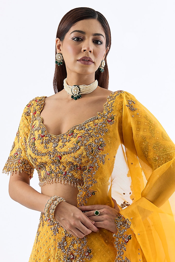 Mustard Chiffon Zardosi Embroidered Chikankari Bridal Lehenga Set by Dolly J at Pernia's Pop Up Shop