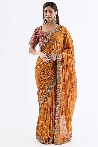 Orange Chiffon Saree Set by Dolly J