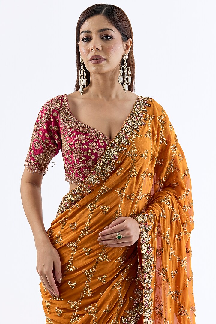 Orange Chiffon Bridal Saree Set by Dolly J at Pernia's Pop Up Shop