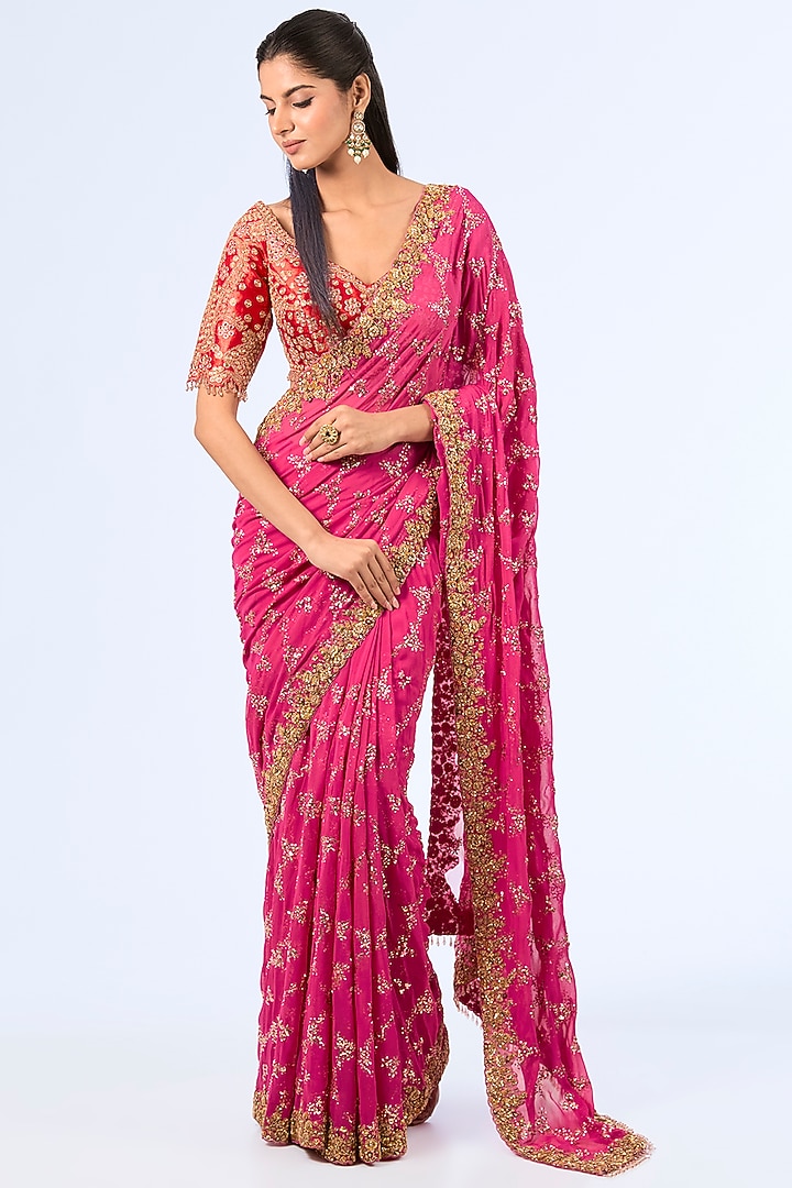 Fuchsia Chiffon Bridal Saree Set by Dolly J at Pernia's Pop Up Shop