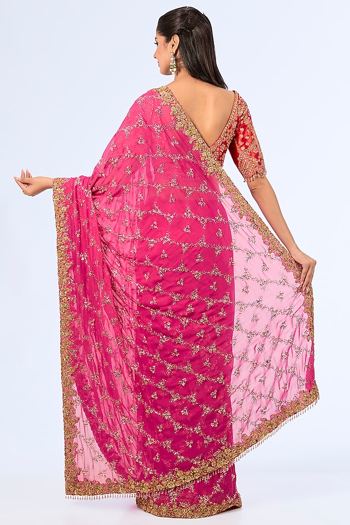 Fuchsia Chiffon Bridal Saree Set by Dolly J at Pernia's Pop Up Shop