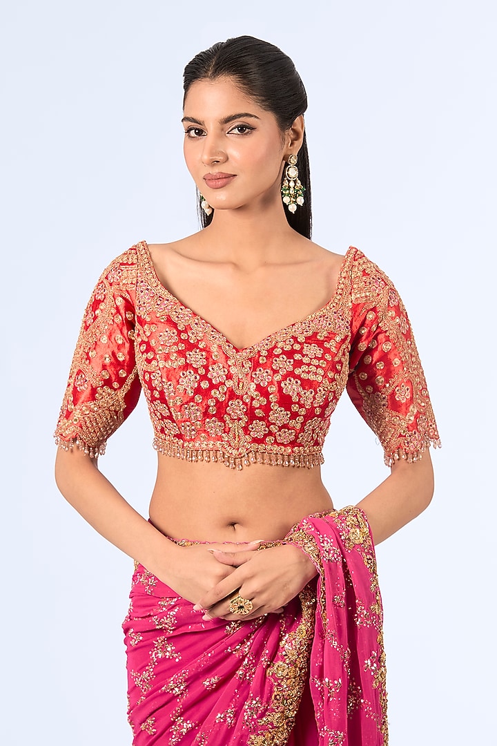 Fuchsia Chiffon Bridal Saree Set by Dolly J at Pernia's Pop Up Shop