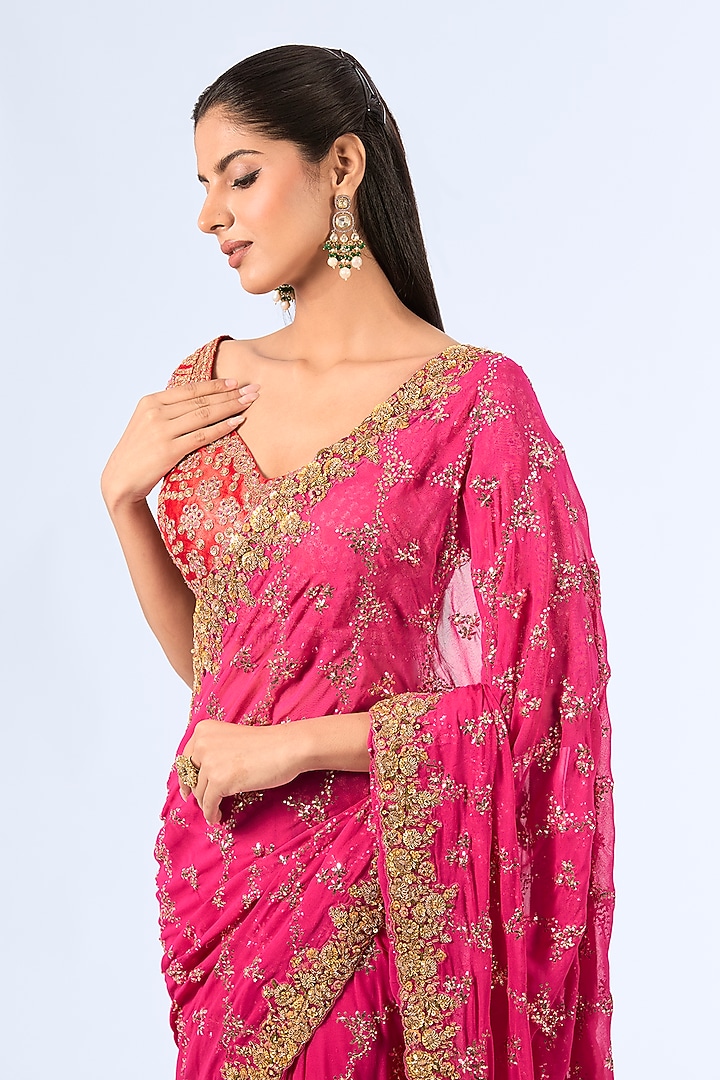 Fuchsia Chiffon Bridal Saree Set by Dolly J at Pernia's Pop Up Shop