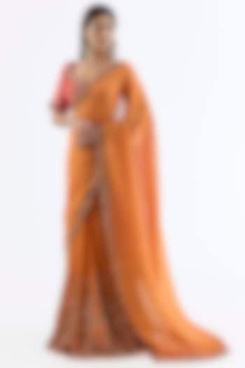 Orange Chiffon Embroidered Bridal Saree Set by Dolly J at Pernia's Pop Up Shop