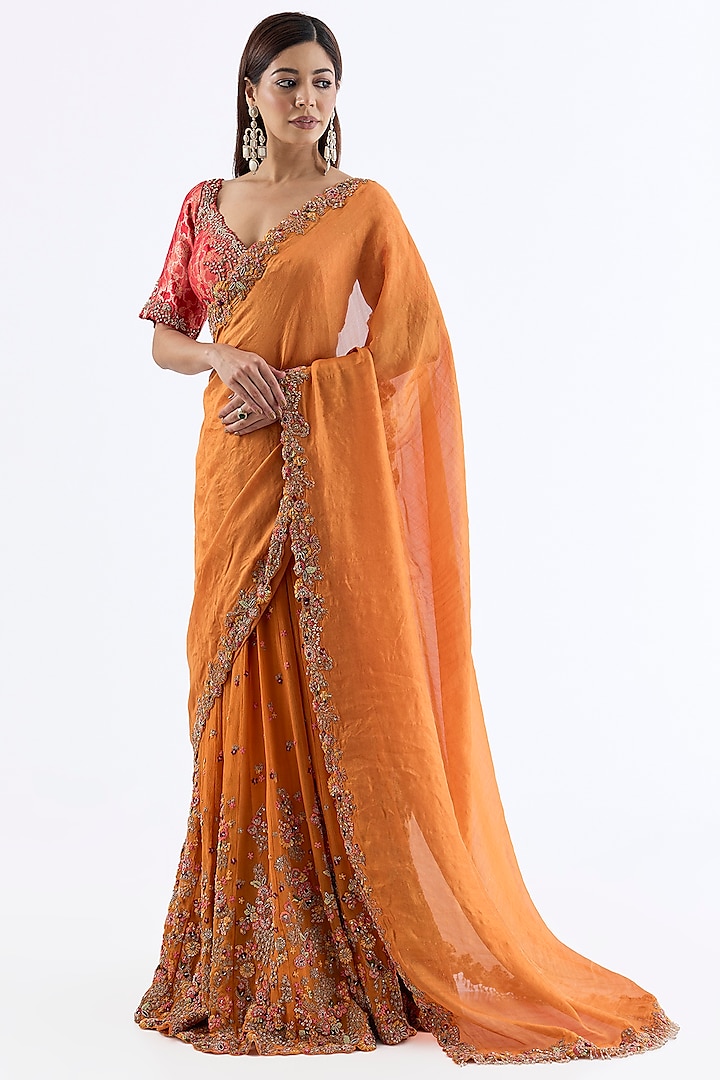 Orange Chiffon Embroidered Bridal Saree Set by Dolly J at Pernia's Pop Up Shop