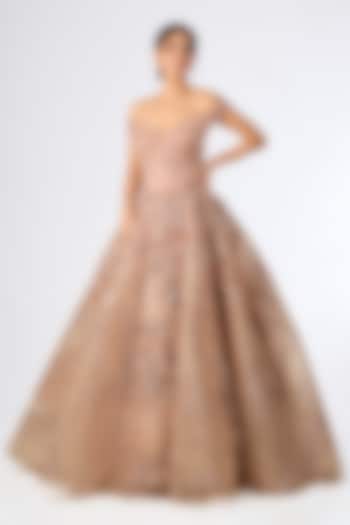 Petal Pink Tulle 3D Floral Embroidered Cascade Bridal Gown by Dolly J at Pernia's Pop Up Shop