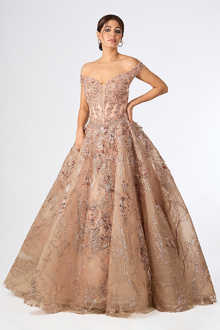 Petal Pink Tulle 3D Floral Embroidered Cascade Bridal Gown by Dolly J at Pernia's Pop Up Shop