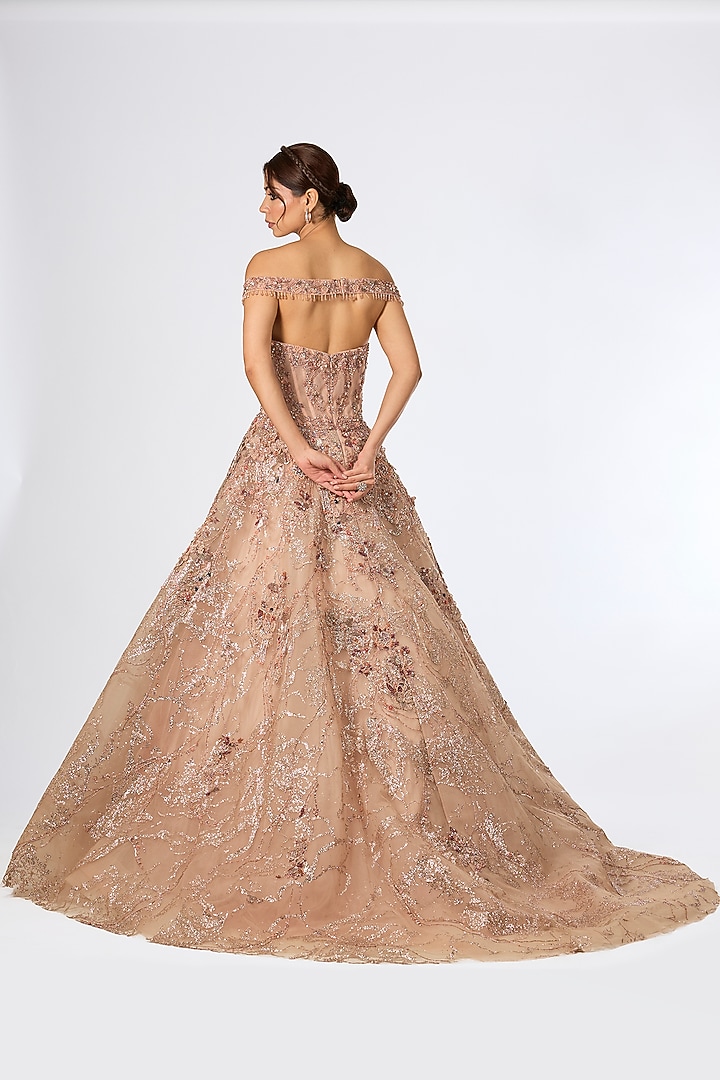 Petal Pink Tulle 3D Floral Embroidered Cascade Bridal Gown by Dolly J at Pernia's Pop Up Shop