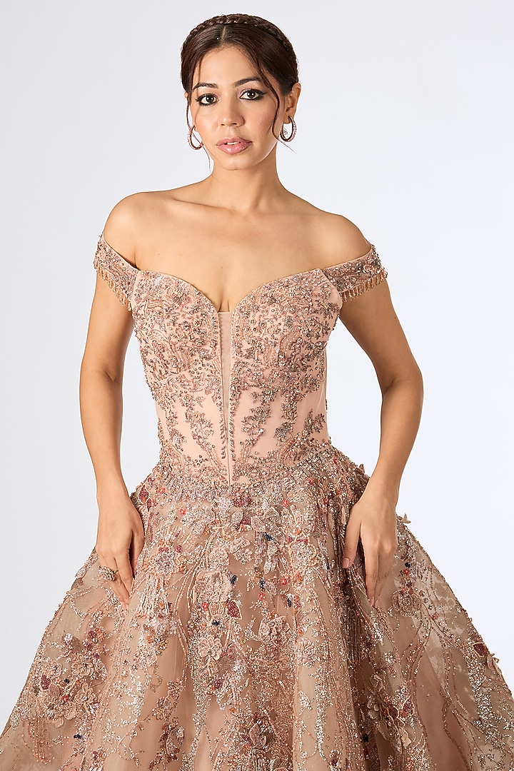 Petal Pink Tulle 3D Floral Embroidered Cascade Bridal Gown by Dolly J at Pernia's Pop Up Shop