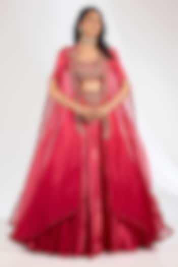 Pink Organza Woven Jacket Wedding Lehenga Set by Dolly J at Pernia's Pop Up Shop