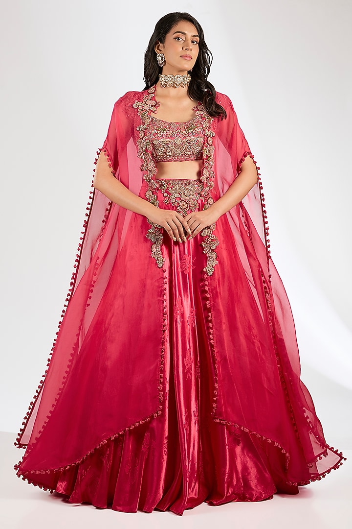 Pink Organza Woven Jacket Wedding Lehenga Set by Dolly J at Pernia's Pop Up Shop