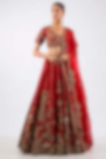 Red Tissue Dori Embroidered Kalidar Bridal Lehenga Set by Dolly J at Pernia's Pop Up Shop
