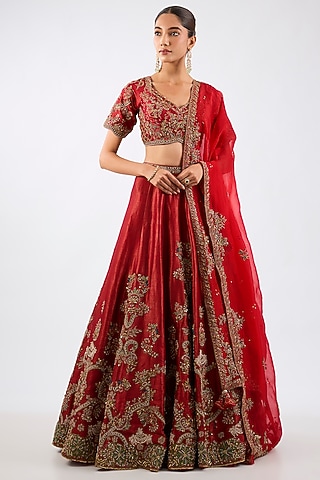 Red Tissue Dori Embroidered Kalidar Lehenga Set by Dolly J