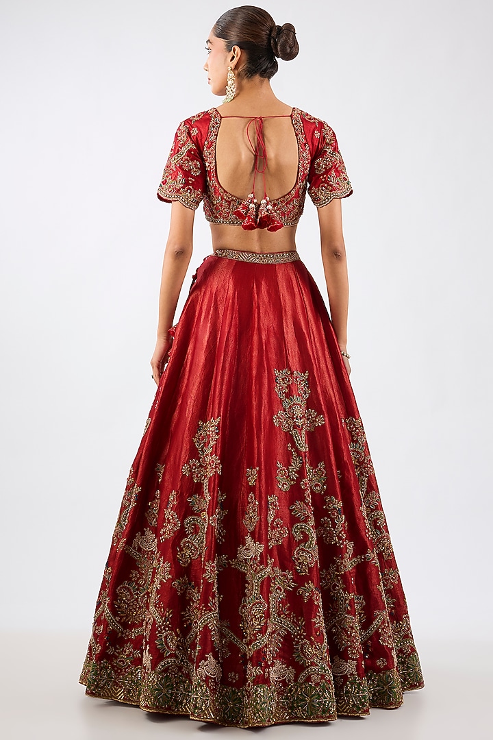 Red Tissue Dori Embroidered Kalidar Bridal Lehenga Set by Dolly J at Pernia's Pop Up Shop