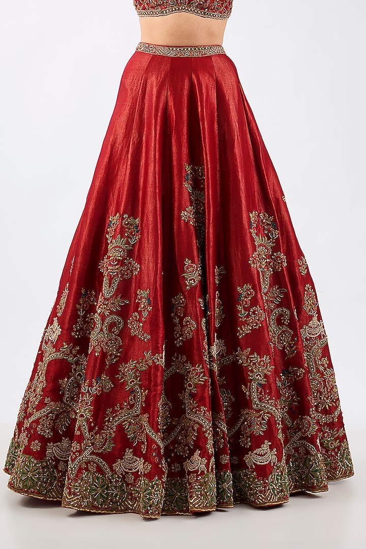Red Tissue Dori Embroidered Kalidar Bridal Lehenga Set by Dolly J at Pernia's Pop Up Shop