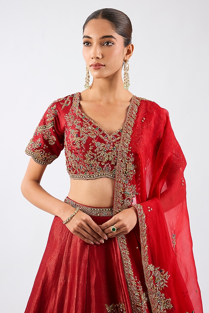 Red Tissue Dori Embroidered Kalidar Bridal Lehenga Set by Dolly J at Pernia's Pop Up Shop