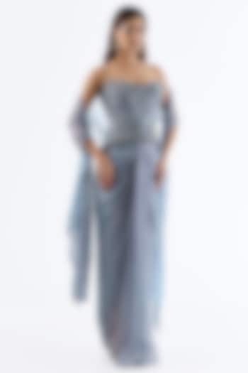 Ice Blue Tissue Draped Skirt Set by Dolly J at Pernia's Pop Up Shop