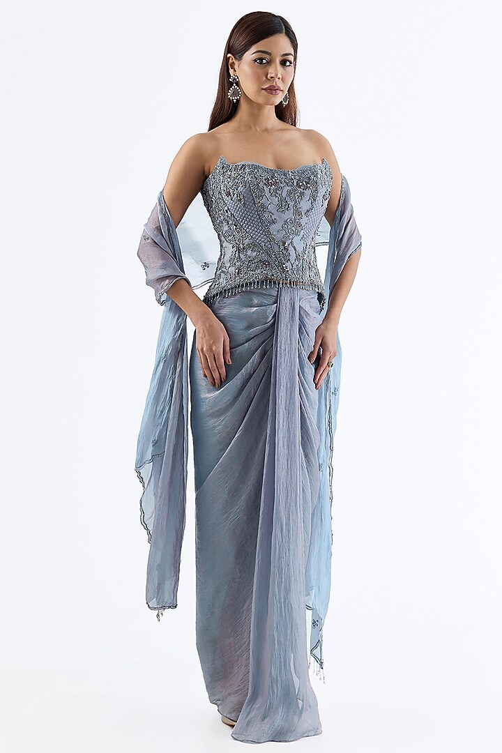 Ice Blue Tissue Draped Skirt Set by Dolly J at Pernia's Pop Up Shop