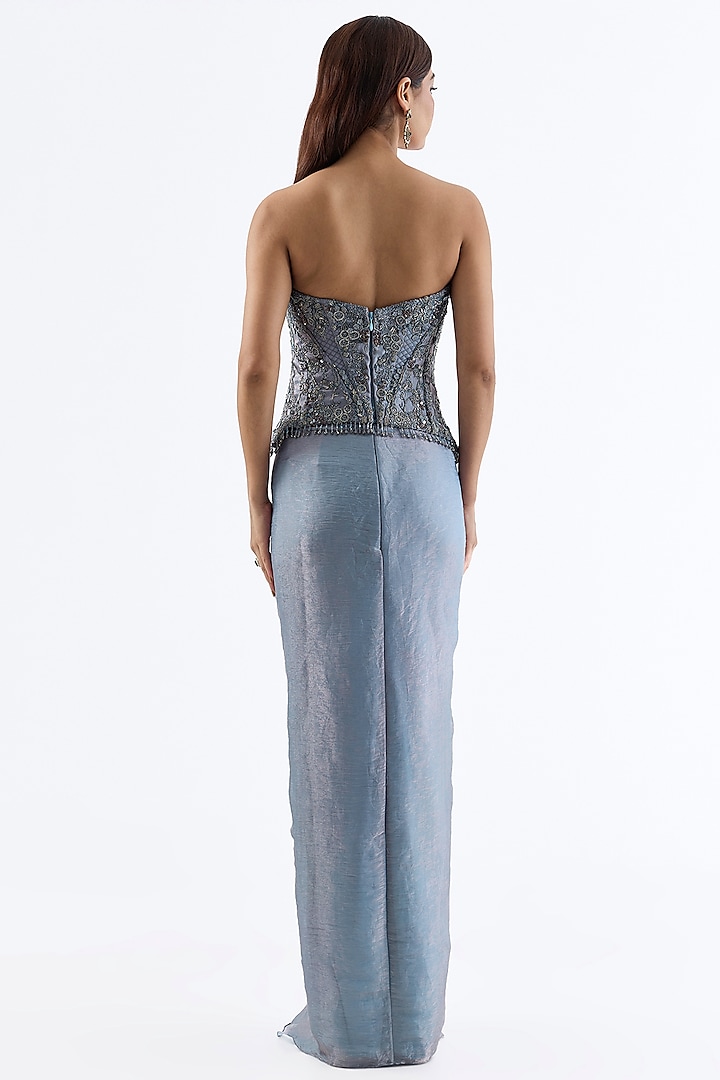 Ice Blue Tissue Draped Skirt Set by Dolly J at Pernia's Pop Up Shop