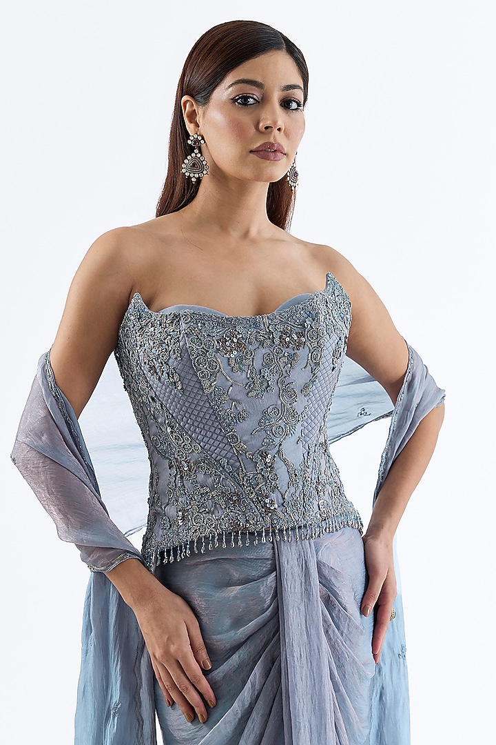 Ice Blue Tissue Draped Skirt Set by Dolly J at Pernia's Pop Up Shop