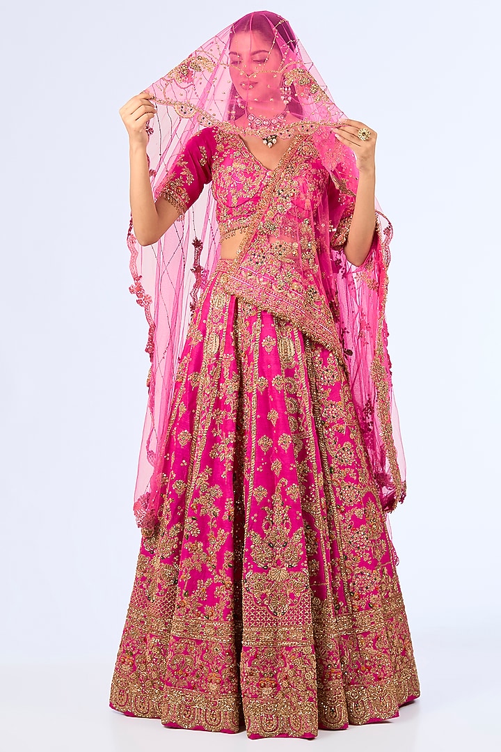 Deep Fuchsia Silk Embroidered Bridal Lehenga Set by Dolly J at Pernia's Pop Up Shop