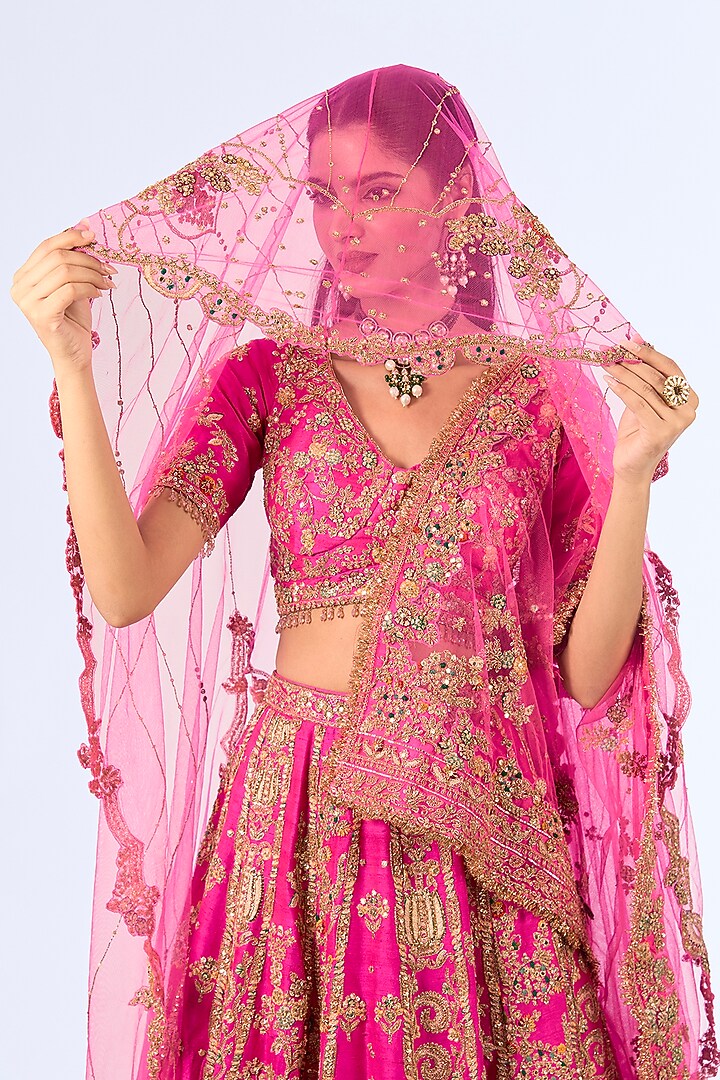 Deep Fuchsia Silk Embroidered Bridal Lehenga Set by Dolly J at Pernia's Pop Up Shop