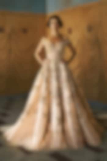 Beige Gold Tulle Resham Embroidered Off-Shoulder Bridal Gown by Dolly J at Pernia's Pop Up Shop